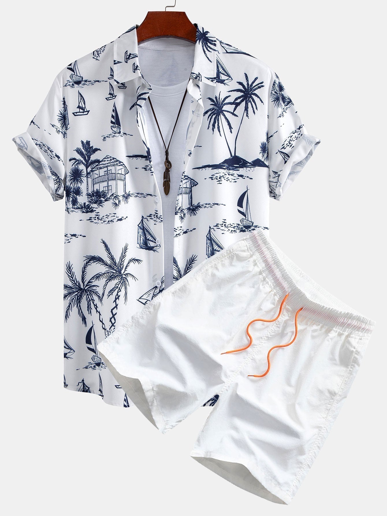 Island Sailing Print Button Up Shirt & Badeshorts