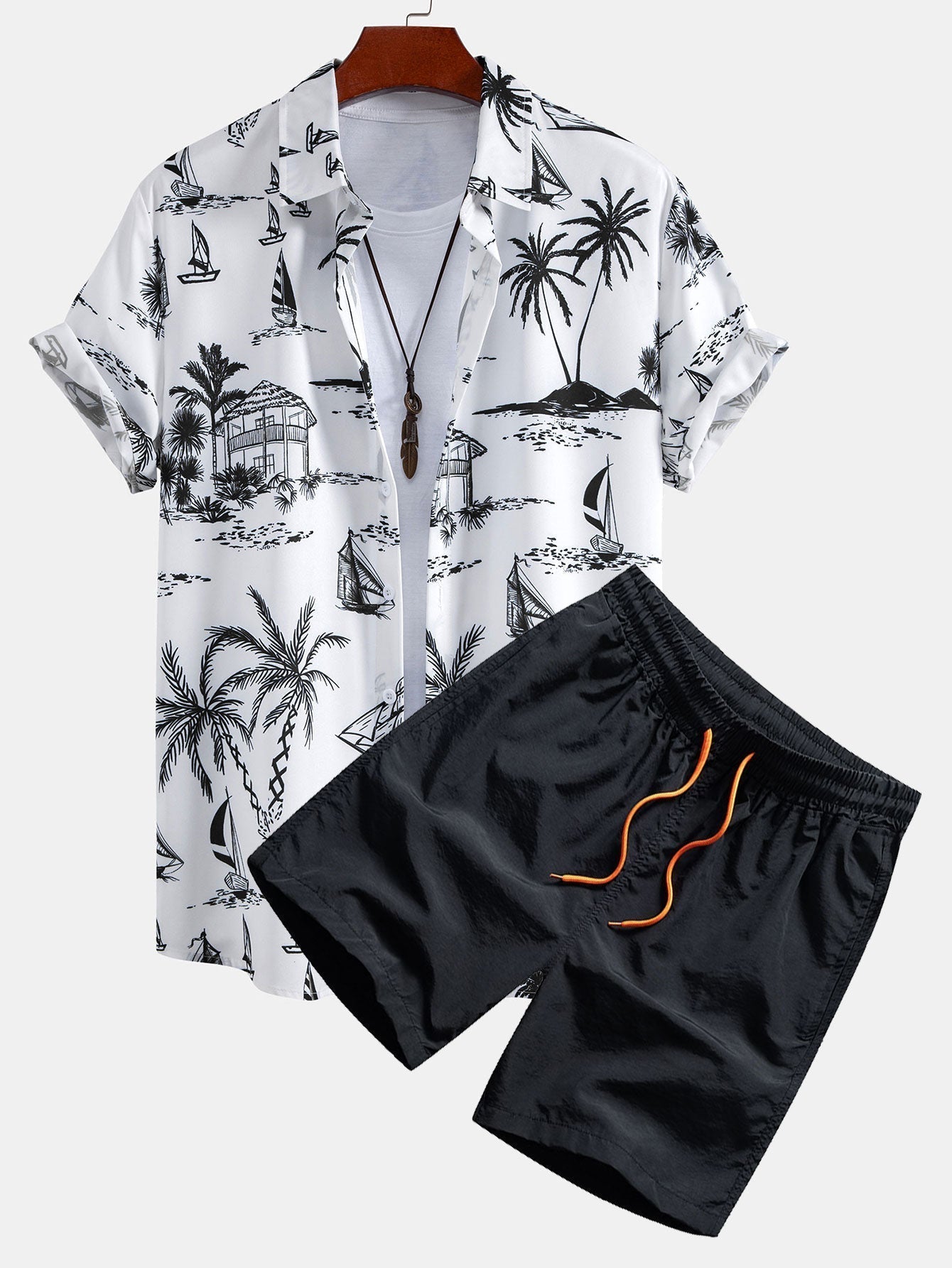Island Sailing Print Button Up Shirt & Badeshorts