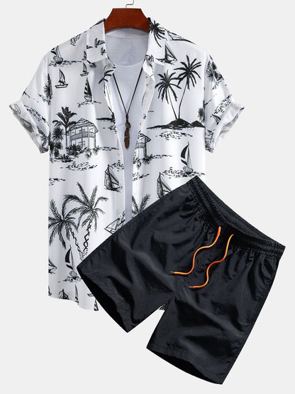 Island Sailing Print Button Up Shirt & Badeshorts