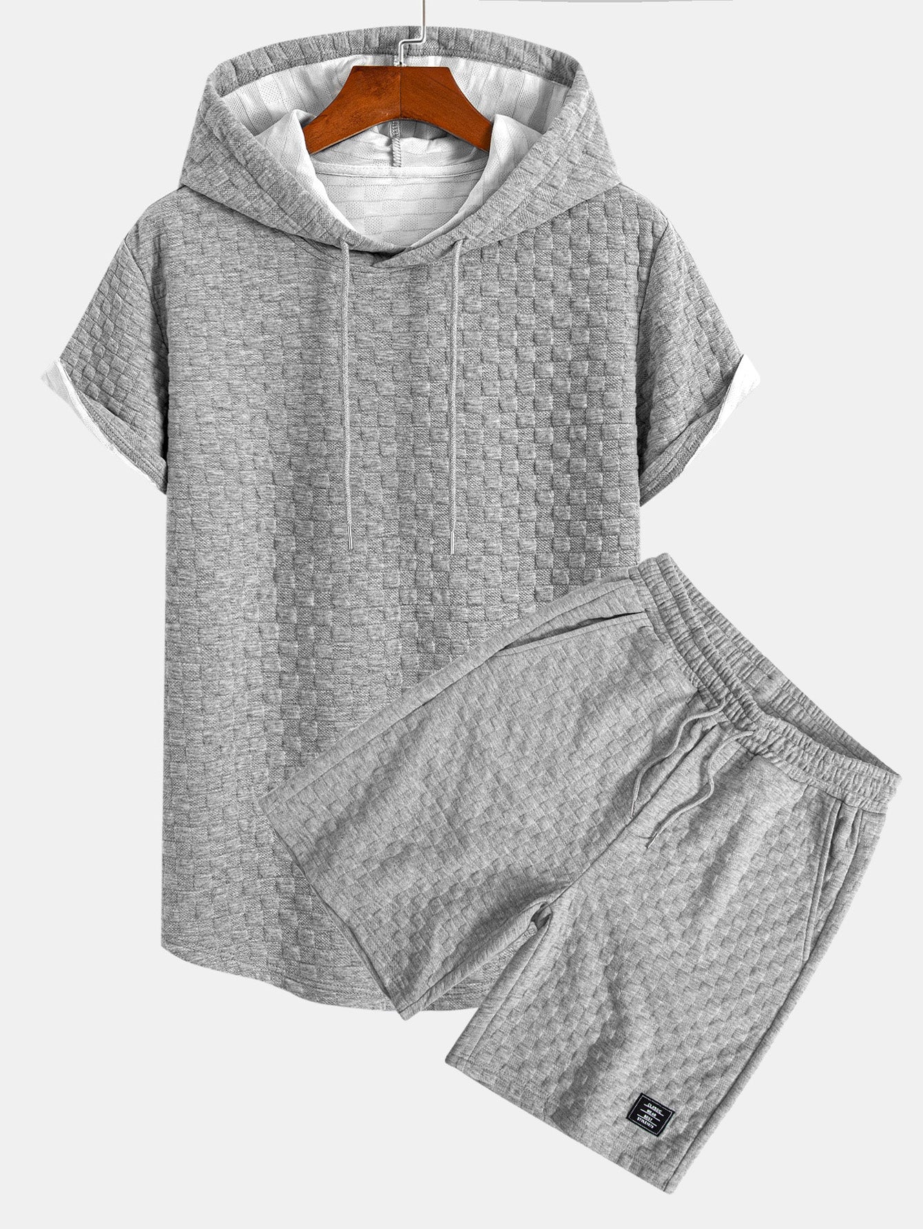 Kariertes Jacquard-T-Shirt mit Kapuze und abgerundetem Saum & Karierte Jacquard-Shorts