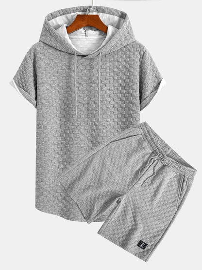 Kariertes Jacquard-T-Shirt mit Kapuze und abgerundetem Saum & Karierte Jacquard-Shorts