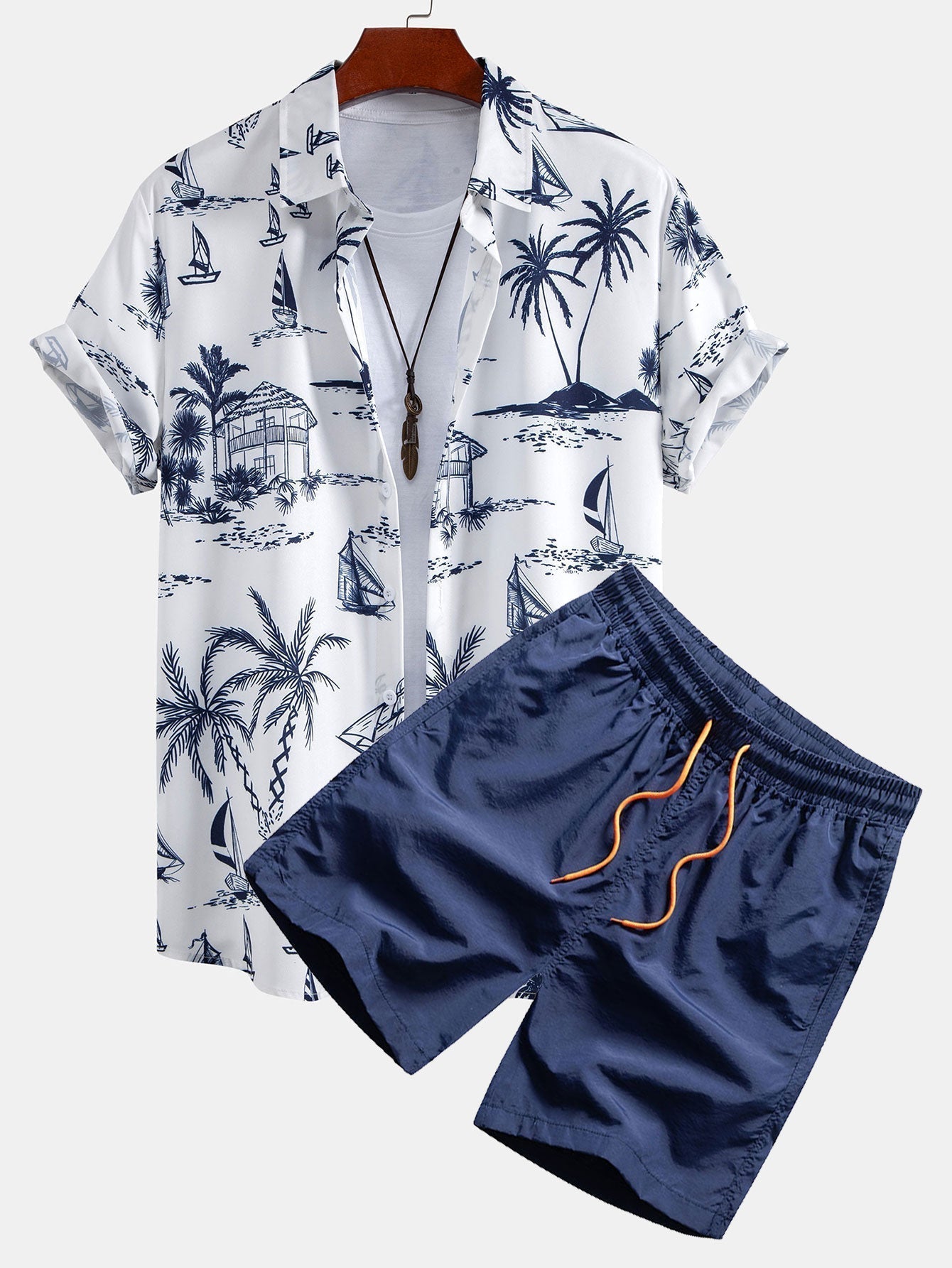 Island Sailing Print Button Up Shirt & Badeshorts