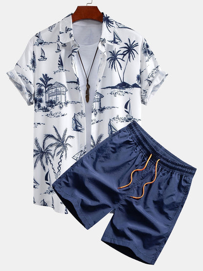 Island Sailing Print Button Up Shirt & Badeshorts