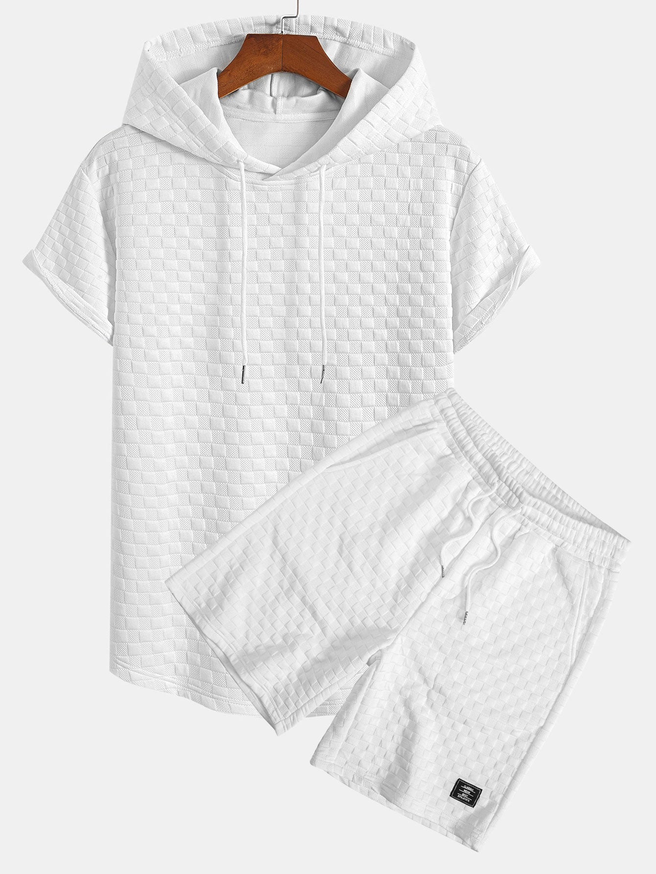Kariertes Jacquard-T-Shirt mit Kapuze und abgerundetem Saum & Karierte Jacquard-Shorts