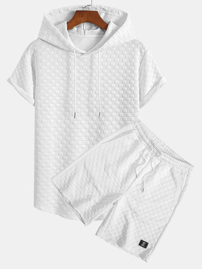 Kariertes Jacquard-T-Shirt mit Kapuze und abgerundetem Saum & Karierte Jacquard-Shorts
