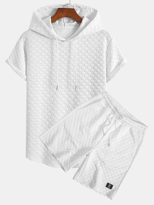 Kariertes Jacquard-T-Shirt mit Kapuze und abgerundetem Saum & Karierte Jacquard-Shorts