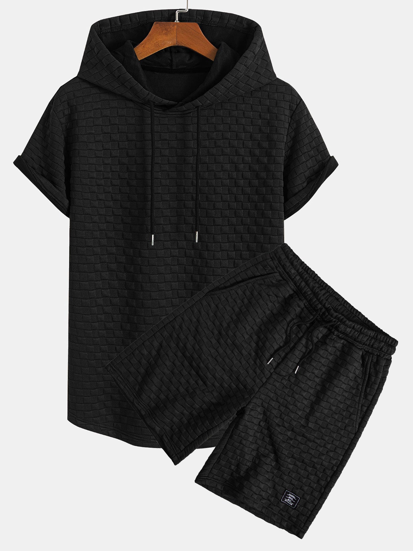 Kariertes Jacquard-T-Shirt mit Kapuze und abgerundetem Saum & Karierte Jacquard-Shorts