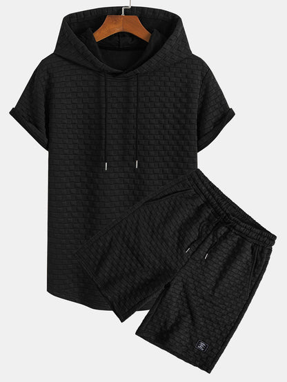 Kariertes Jacquard-T-Shirt mit Kapuze und abgerundetem Saum & Karierte Jacquard-Shorts
